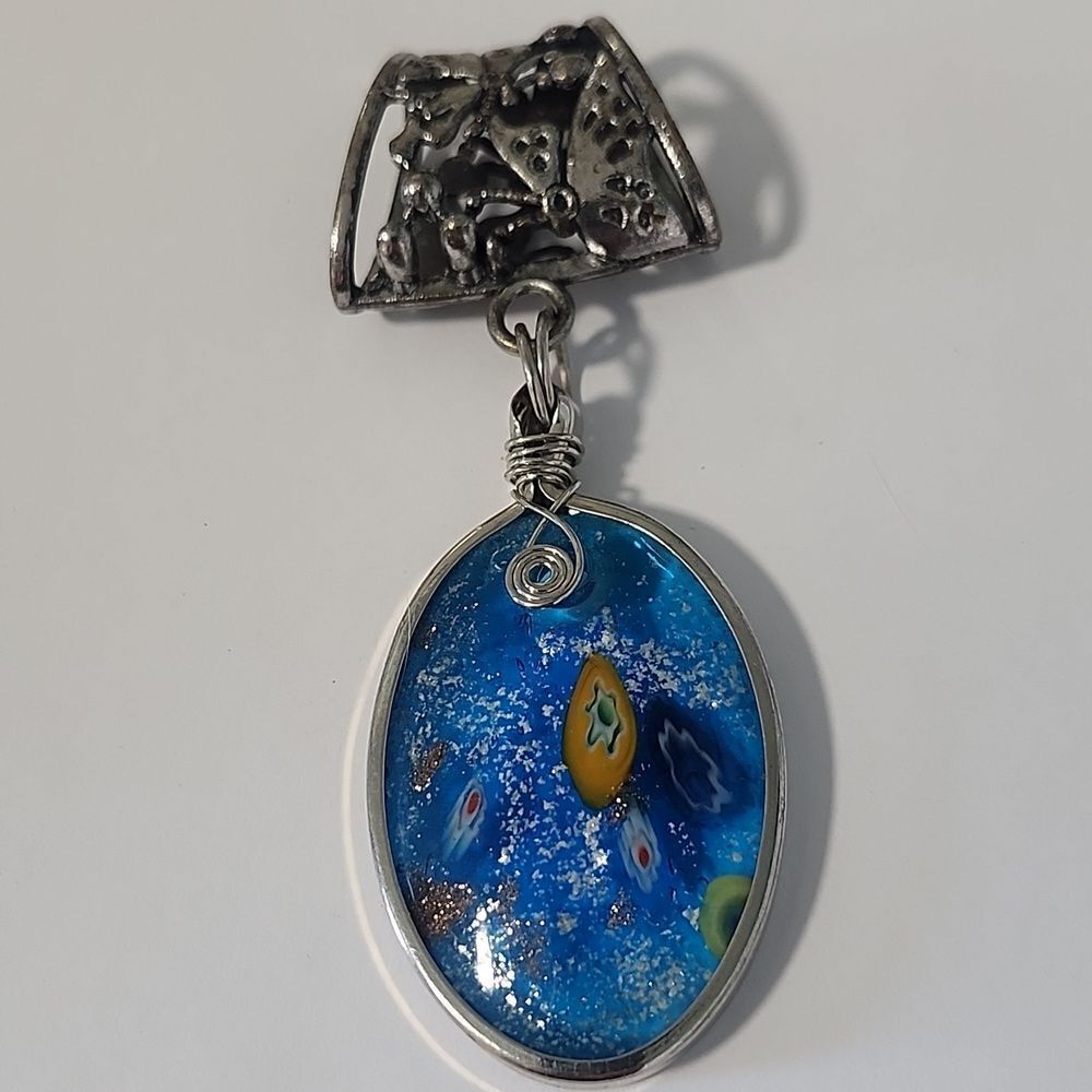 Blue and Silver Glass Pendant/ SCARF SLIDE with Artistic Design